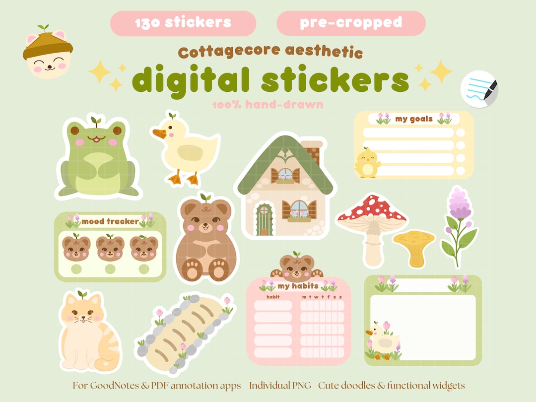 Cottagecore Digital Planner Stickers | Cute Animal Doodles (goodnotes ...