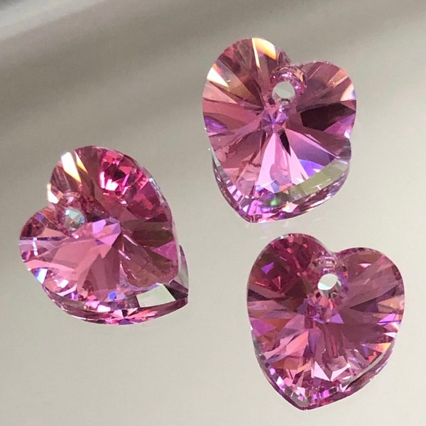 Swarovski Crystals - Heart Pendants - Rose Pink AB Heart - Choice of 10mm or 14mm Crystal Pendants - Top Drilled - Various Pkg Sizes (#487)