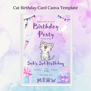 Modèle de canva de carte d'anniversaire de chat, carte d'anniversaire numérique, carte d'anniversaire numérique de chat, carte d'anniversaire numérique d'animal familier, Kitty, chat de Kitty