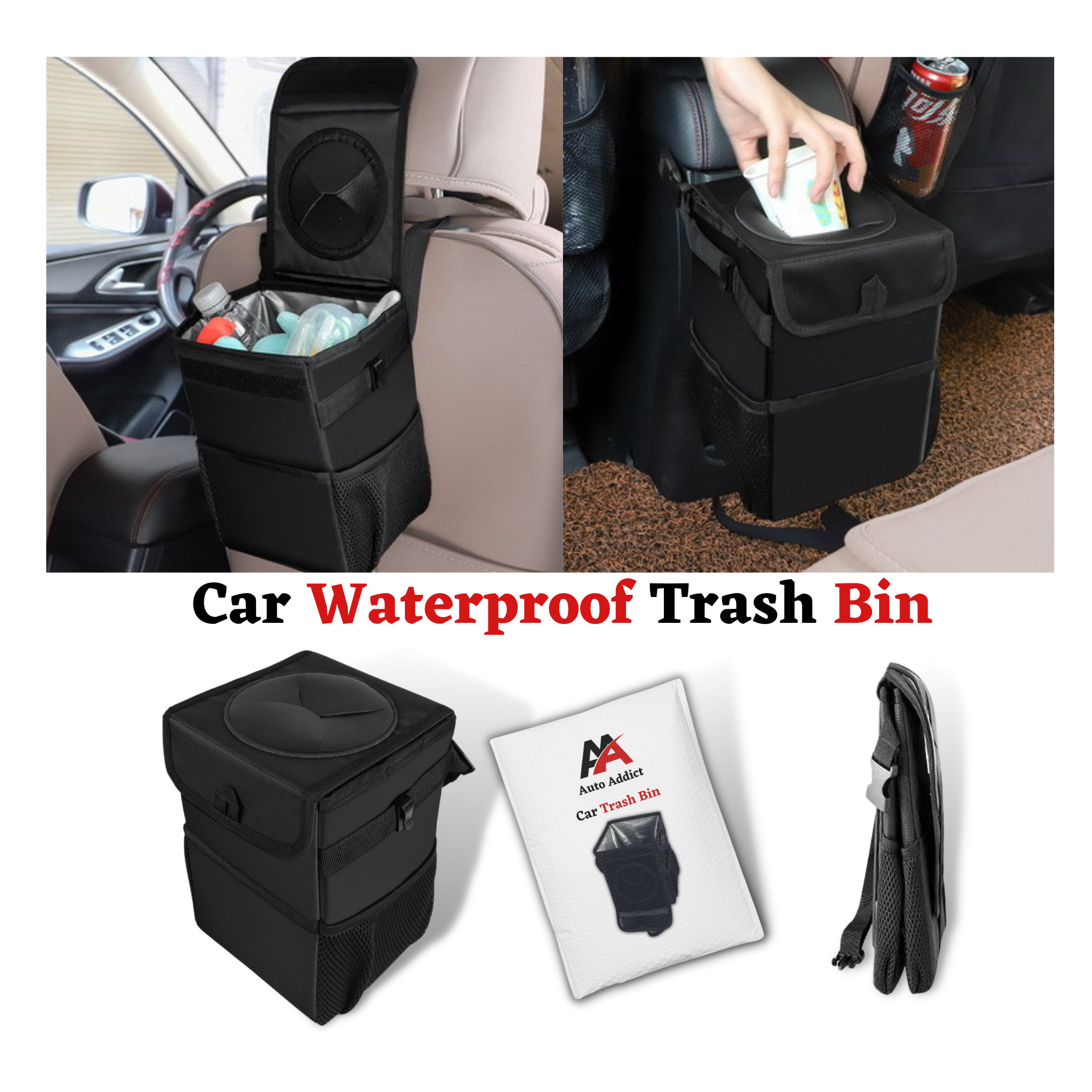 White Brown Cow Print Car Trash Can Animal Skin Foldable Hanging Car Trash  Bag Bin Auto Garbage Can Leak-Proof Car Organizer(Large) 