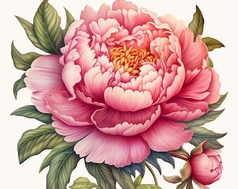 May include: A single pink peony flower with green leaves. The flower is in full bloom and has a delicate, layered appearance.