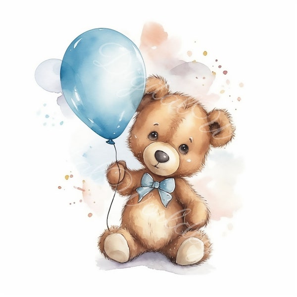 Boho Teddy bear, Watercolor bear, nursery teddy bear, teddy bear flying, teddy bear fly, vintage teddy bear, cute teddy clipart