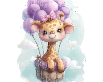 Latająca żyrafa PNG - ilustracja na baby shower, żyrafa clipart, ilustracja dla dziewczynki, balon clipart - clipart zwierząt w przedszkolu