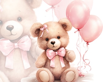 kids party clipart, cute teddy bear, watercolor clipart, instant download, PNG cartoon bear, cute Teddy Bear, baby shower girl