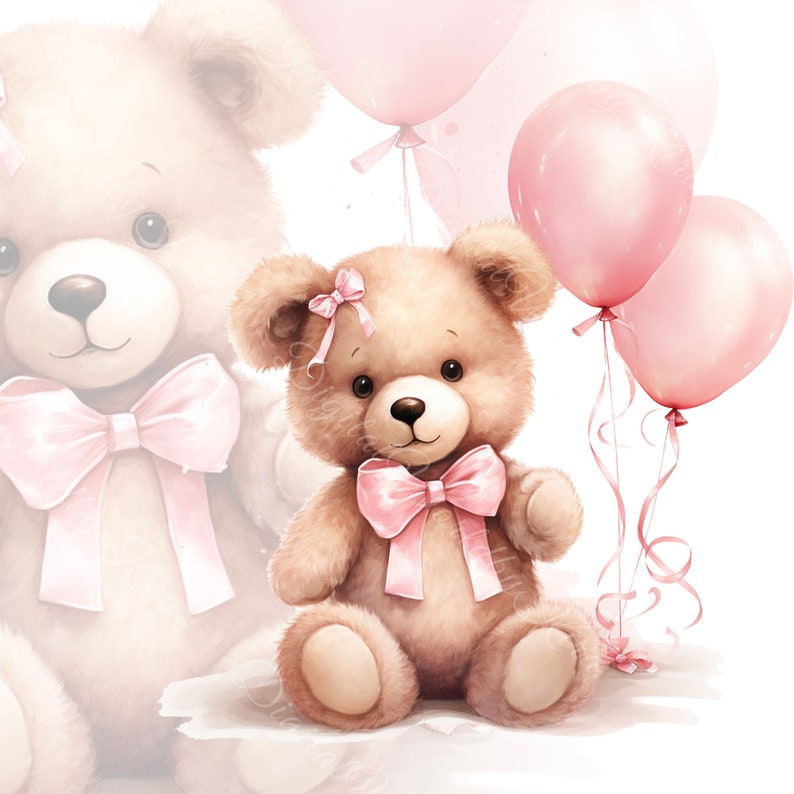 May include: Two plush teddy bears with pink bows, one sitting with pink balloons in the background.