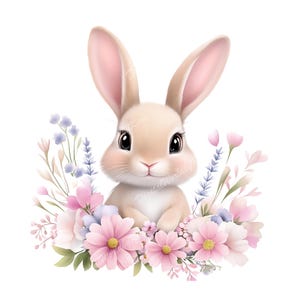Lapin avec des fleurs Png - Art animalier en téléchargement numérique, Illustration personnalisée, clipart baby shower, clipart PNG, anniversaire PNG