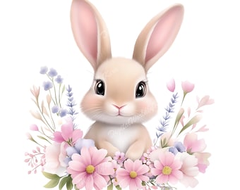 Kanin med blommor PNG - Digitala nedladdningar Djurkonst, Anpassad illustration, Babyshower clipart, PNG Clipart, Födelsedag PNG