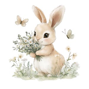 Lapin de Pâques avec des fleurs Png - téléchargements numériques art animalier, Illustration personnalisée, clipart baby shower, clipart PNG, anniversaire PNG