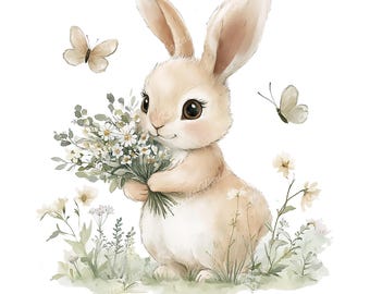 Easter Bunny with Flowers Png - Digital Downloads Animal Art, Custom Illustration, Baby shower clipart, PNG Clipart, birthday PNG