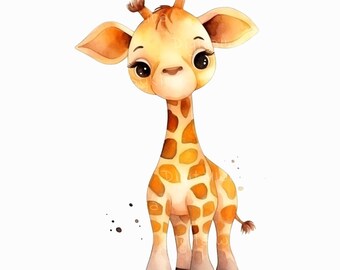 Żyrafa akwarelowa, żyrafa do pokoju dziecięcego, słodkie żyrafy clipart, clipart baby shower, wystrój pokoju dziecięcego, sztuka do pobrania cyfrowego, znak baby shower
