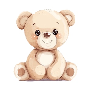 Puede incluir: Un oso de peluche marrón con una gran sonrisa y grandes ojos oscuros. El oso está sentado con las patas cruzadas delante de él.