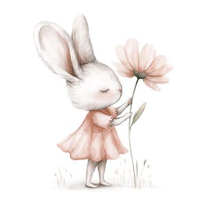 Bunny And Flower Png - Digital Downloads Animal Art, Custom Illustration, Baby shower clipart, PNG Clipart, birthday  illustration PNG