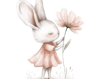 Bunny And Flower Png - Digital Downloads Animal Art, Custom Illustration, Baby shower clipart, PNG Clipart, birthday  illustration PNG