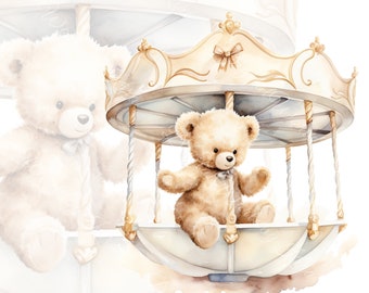 teddy bear cute, vintage teddy bear, cute teddy clipart, bear carousel balloon, baby shower clipart, teddy bear, carousel, carousel clip art