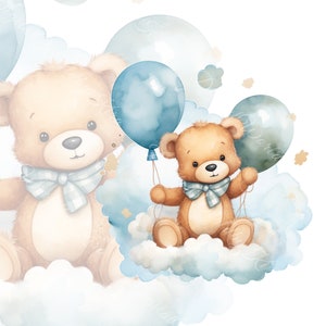 vintage teddy bear, cute teddy clipart, bear hot air balloon, baby shower clipart, blue teddy bear, nursery decor, teddy bear png, printable