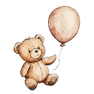 Teddy Bear with Balloon Png - Digital Downloads, Custom Illustration, Baby shower clipart, PNG Clipart, Cute illustration PNG, Watercolor