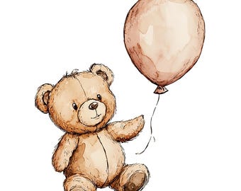 Teddy Bear with Balloon Png - Digital Downloads, Custom Illustration, Baby shower clipart, PNG Clipart, Cute illustration PNG, Watercolor