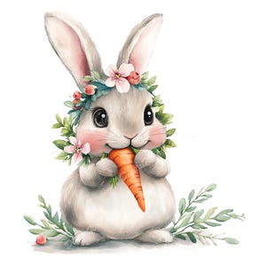 Conejito de Pascua de primavera PNG clipart - arte de conejito de acuarela, clipart de zanahoria, dibujo floral, png imprimible, ilustración Flores, uso comercial