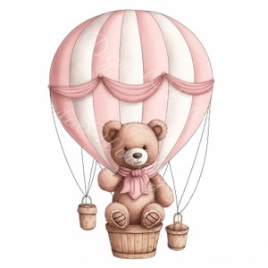 Teddy bear clipart, hot air balloon, hot balloon clipart, baby shower clipart, baby shower png, hot air balloon art, watercolor clipart