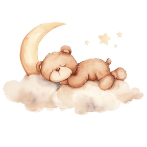 Può includere: Un orsacchiotto marrone che dorme su una nuvola bianca con una luna crescente gialla e stelle sullo sfondo.