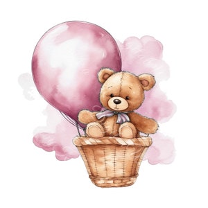 Teddy bear clipart, hot air balloon, hot balloon clipart, baby shower clipart, baby shower png, hot air balloon art, watercolor clipart
