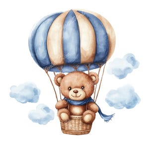 Heißluftballon Teddy Clipart, Vintage Aquarell Teddies Grafiken, Baby Jungen Babyparty, Reisebären png, Kinderzimmer Illustrationen