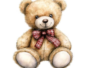 May include: A plush brown teddy bear with a red and white plaid bow tie. The bear is sitting with its legs crossed and has a friendly expression.