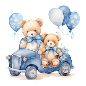teddy bear riding, blue car, teddy bear png, bear family, bay boy bear, it's a boy, digital download art, baby shower sign, baby boy shower