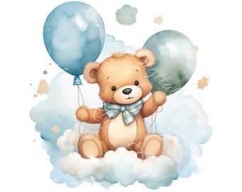 hot air balloon, adventure clipart, cute teddy bear, watercolor clipart, commercial use, instant download, PNG cartoon bear