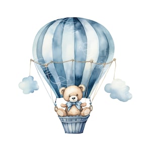 bear commercial use, teddy nursery art, watercolor nursery, cute teddy bear, blue teddy png, blue teddybear png, hot air balloon