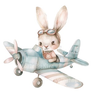 Bunny On A Plane PNG - Baby Shower Illustration, Bunny Clipart, Baby boy Illustration, Bunnies Clipart - Nursery Animal Clipart