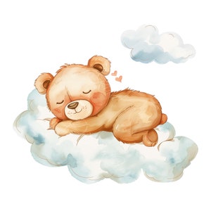 Teddybär Aquarell digitale Kunst für Babypartyeinladung, Teddybär schläft auf einer Wolke, png Bär, Teddybärballon, kundenspezifische Kunst