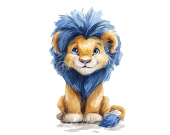 May include: A cartoon illustration of a lion cub with a blue mane and tail. The lion cub is sitting with its head tilted to the side and looking at the viewer. The background is white.
