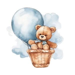 Clipart orsacchiotto, mongolfiera, clipart mongolfiera, clipart baby shower, baby shower png, arte mongolfiera, clipart acquerello
