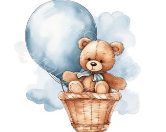 Teddy bear clipart, hot air balloon, hot balloon clipart, baby shower clipart, baby shower png, hot air balloon art, watercolor clipart