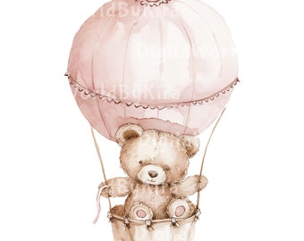 Op de afbeelding: Een aquarel-illustratie van een roze luchtballon met een teddybeer die in de mand zit. De ballon heeft een witte kantversiering en een bruin touw.