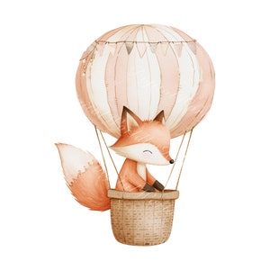 Hoy Air Balloon And Fox Clip Art - Printable PNG, Nursery Decoration, Baby Shower Art, Cute Illustration, Custom Watercolor, Woodland Art