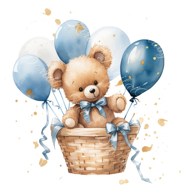 hot air balloon, adventure clipart, cute teddy bear, watercolor clipart, commercial use, instant download, PNG cartoon bear