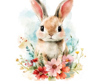 Easter Spring clipart, bunny clip art, floral clipart, floral draw, png printable, illustration Flowers, rabbit, hare, commercial use
