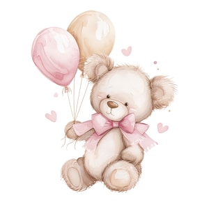 Schattige teddybeer minimalistische digitale kunst voor baby shower uitnodiging voor babymeisje, teddybeer met ballonnen, png beer, teddybeerballon
