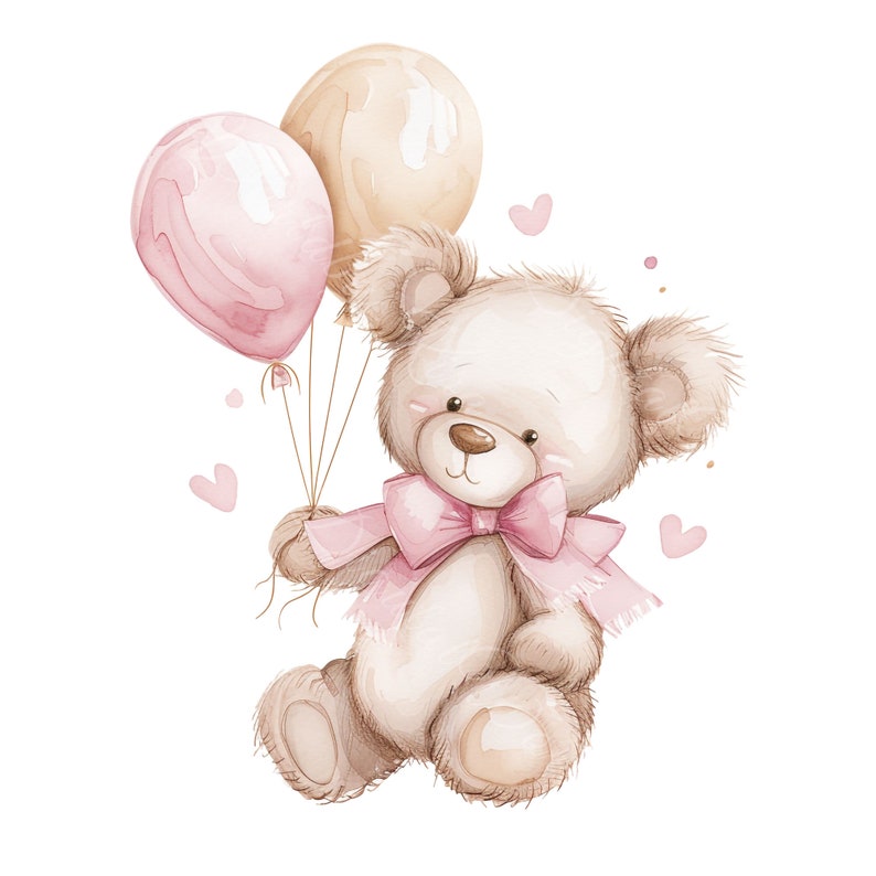Peut inclure: Une illustration aquarelle d'un ours en peluche brun tenant deux ballons. Un ballon est rose et l'autre est beige. L'ours en peluche porte un nœud rose et a une expression douce.