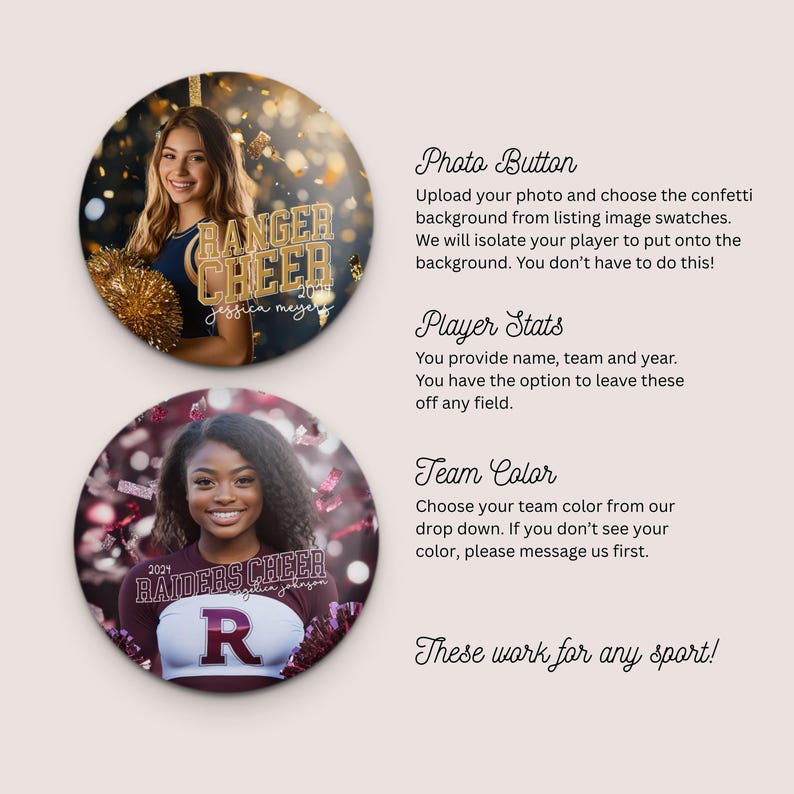 Custom Cheer Photo Button • 3 Inch Pinback Button • Confetti Background ...