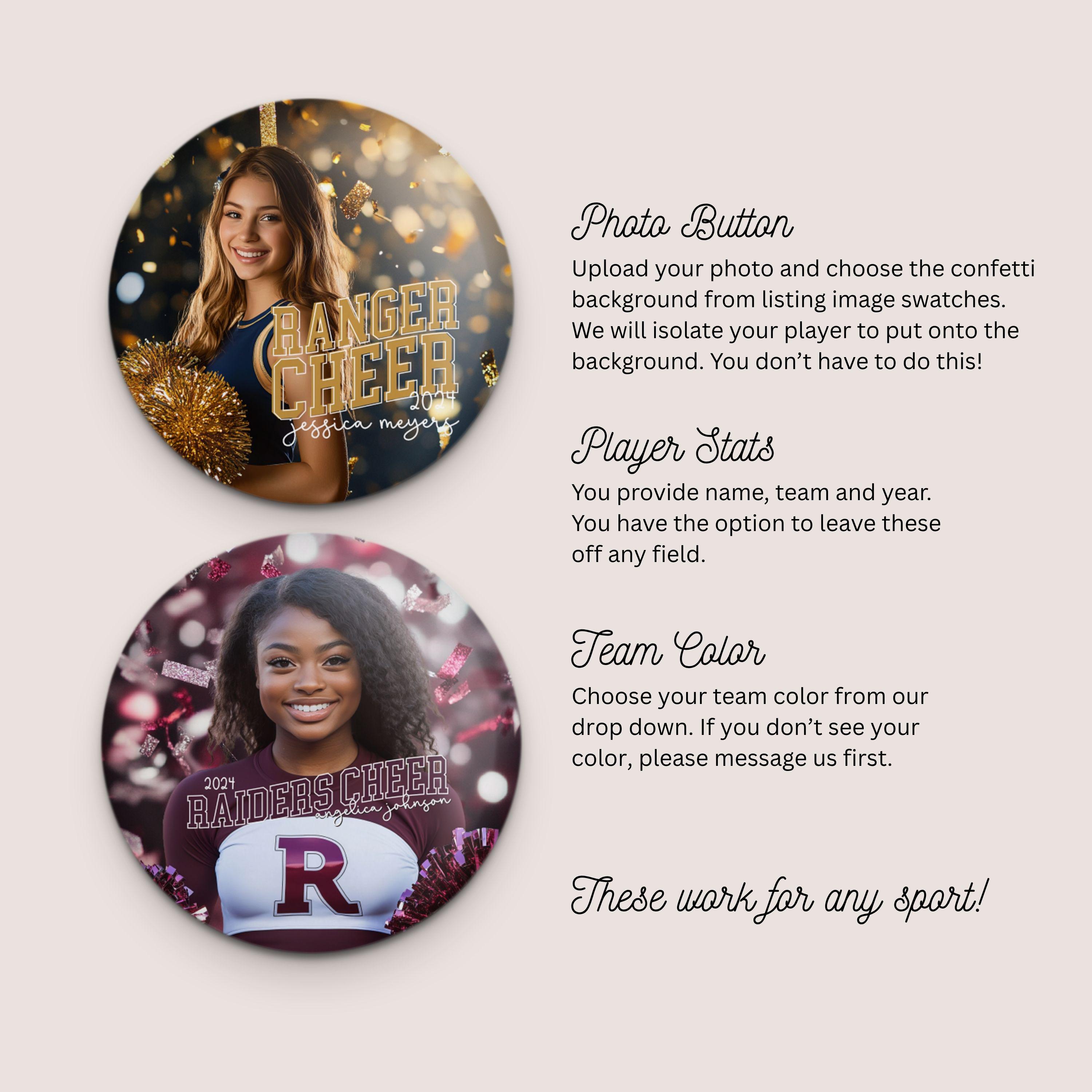Custom Cheer Photo Button • 3 Inch Pinback Button • Confetti Background ...