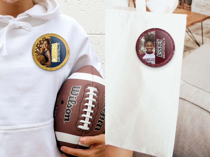 Custom Cheerleader Photo Button Glitter Background Team Colors