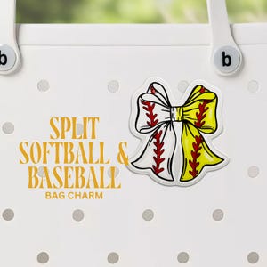 May include: A white and yellow softball and baseball bow bag charm with the text "SPLIT SOFTBALL & BASEBALL BAG CHARM".