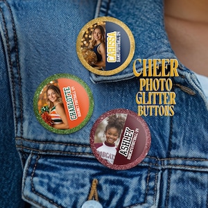 Custom Cheerleader Button - Photo with Glitter Background, Personalized Cheer Pinback Button, Cheer Team Gift, Glitter Cheerleader Pin