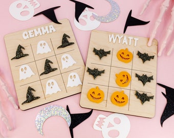 Personalized Halloween Tic Tac Toe Set - Custom Game with Laser Cut Acrylic Pieces - Perfect Party Favors and Travel Games for Kids