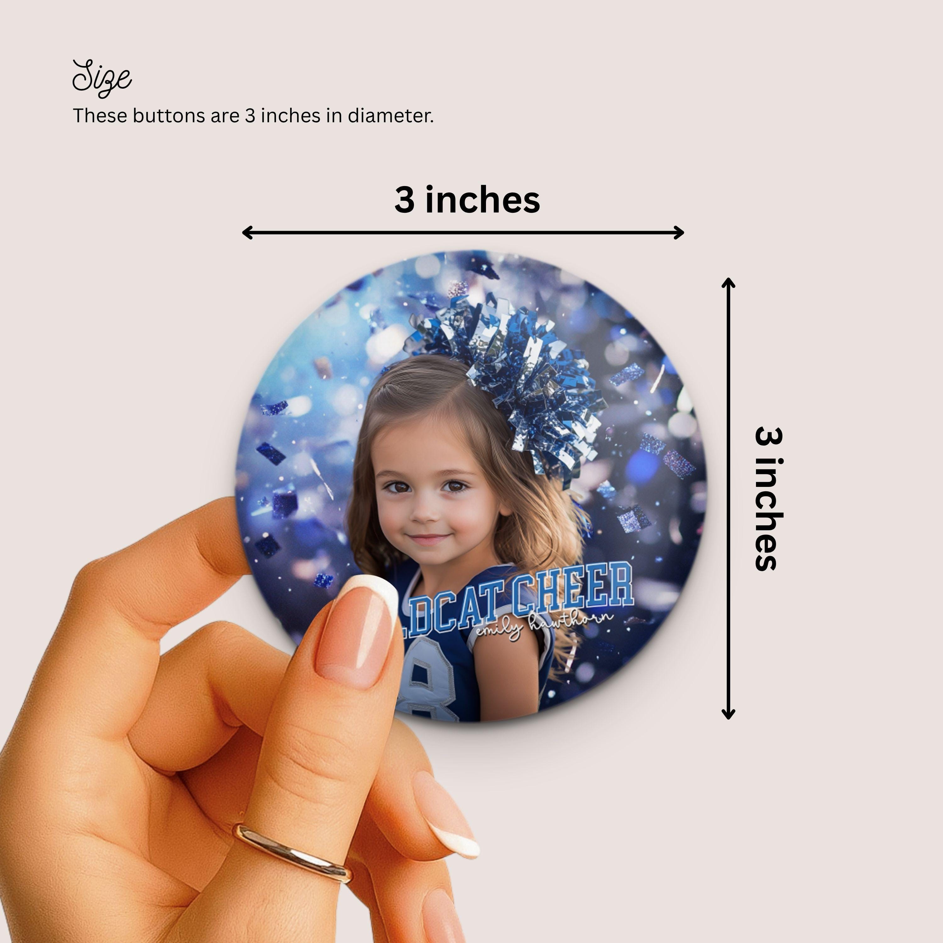 Custom Cheer Photo Button • 3 Inch Pinback Button • Confetti Background ...