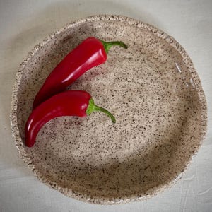 May include: A speckled, beige ceramic plate with a textured rim, holding two vibrant red chili peppers. The peppers have green stems and are positioned diagonally across the plate, creating a visually appealing contrast.