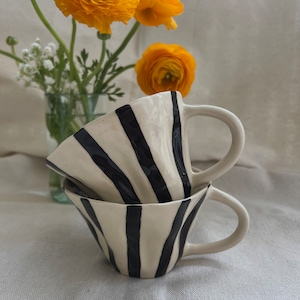 Handmade ceramic black striped mug, irregular form tea, rustic hand pinched, gift,pottery drinkware, trendy wavy, aesthetic coffee, stripes